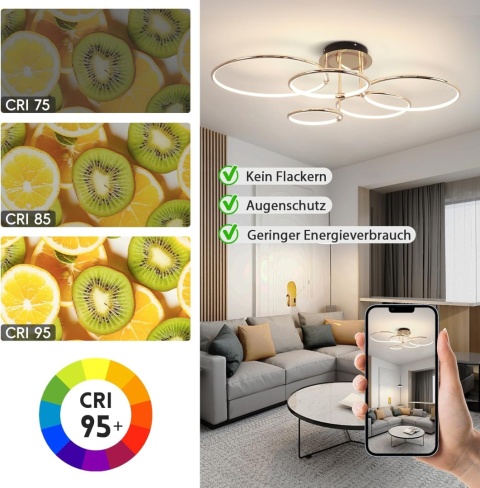 Lampa sufitowa LED, złota, 5 pierścieni, ściemniana, z pilotem , 93 cm