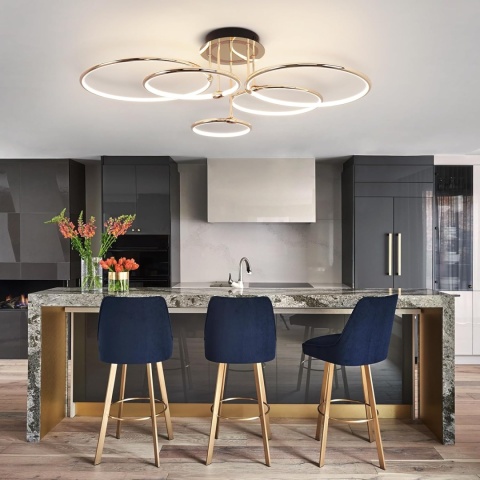 Lampa sufitowa LED, złota, 5 pierścieni, ściemniana, z pilotem , 93 cm
