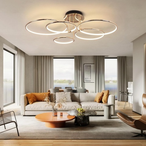 Lampa sufitowa LED, złota, 5 pierścieni, ściemniana, z pilotem , 93 cm