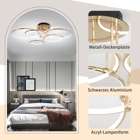 Lampa sufitowa LED, złota, 5 pierścieni, ściemniana, z pilotem , 93 cm