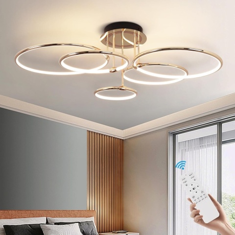 Lampa sufitowa LED, złota, 5 pierścieni, ściemniana, z pilotem , 93 cm