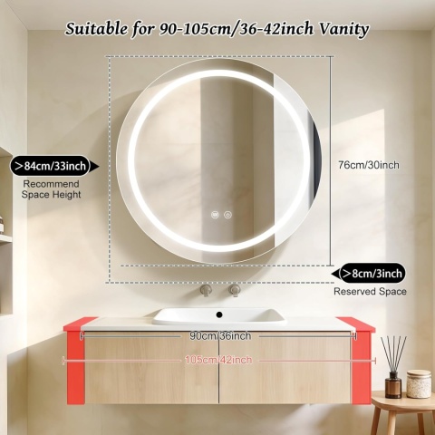 Okrągła Szafka z Lustrem 76 cm LED ściemnialna, nieparująca, 3000 K-6500 K dotykowa