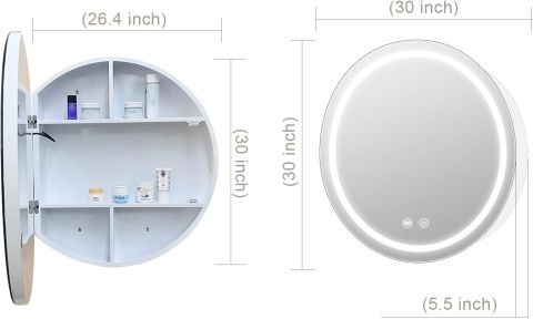Okrągła Szafka z Lustrem 76 cm LED ściemnialna, nieparująca, 3000 K-6500 K dotykowa