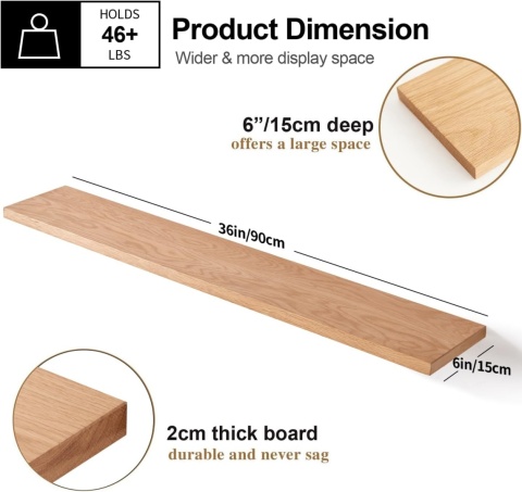 Półka ścienna wisząca 90cm lite drewno do salonu, kuchni, łazienki