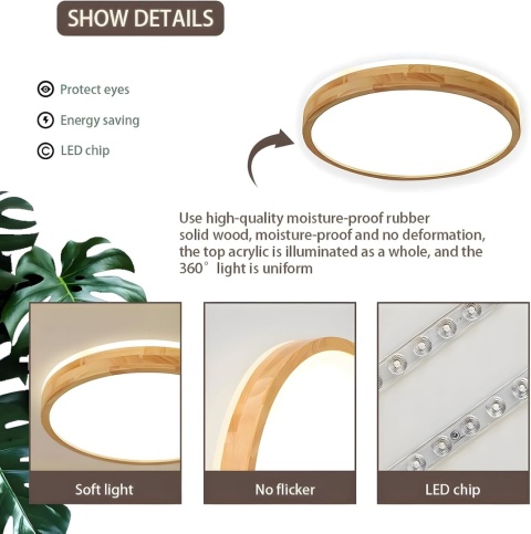 WayLuoung LED Drewniana Lampa Sufitowa 60cm 3K-6K Ściemniania pilot