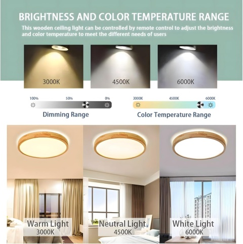 WayLuoung LED Drewniana Lampa Sufitowa 60cm 3K-6K Ściemniania pilot