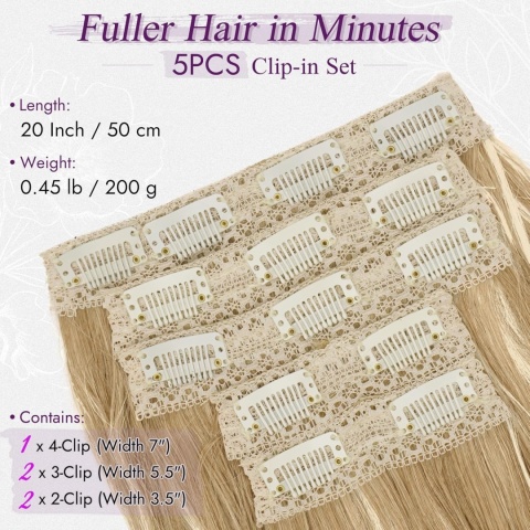 BARSDAR Blond doczepiane włosy, 50 cm Falowane doczepiane włosy clip in