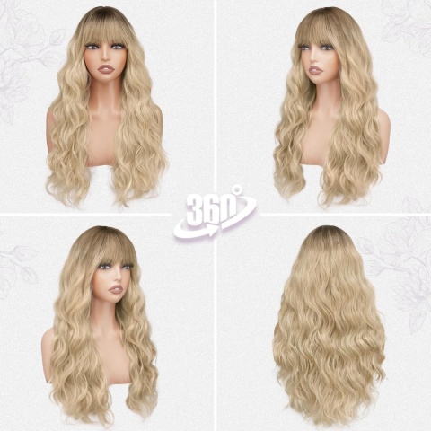 BARSDAR Długa falowana naturalna blond peruka ombre z grzywką