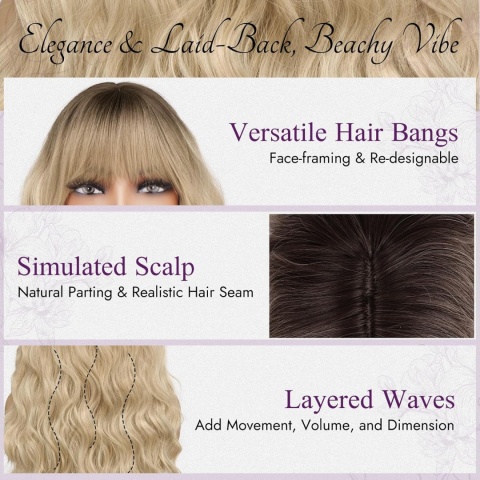 BARSDAR Długa falowana naturalna blond peruka ombre z grzywką