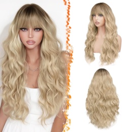 BARSDAR Długa falowana naturalna blond peruka ombre z grzywką