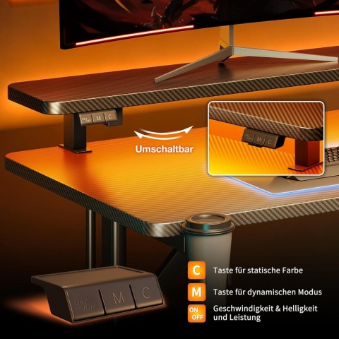 BIURKO GAMINGOWE LED 100CM Z GNIAZDKAMI PÓŁKA POD MONITOR czarne carbon