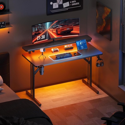 BIURKO GAMINGOWE LED 100CM Z GNIAZDKAMI PÓŁKA POD MONITOR czarne carbon