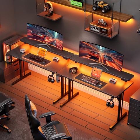 BIURKO GAMINGOWE LED 100CM Z GNIAZDKAMI PÓŁKA POD MONITOR czarne carbon