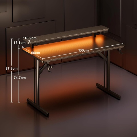 BIURKO GAMINGOWE LED 100CM Z GNIAZDKAMI PÓŁKA POD MONITOR czarne carbon