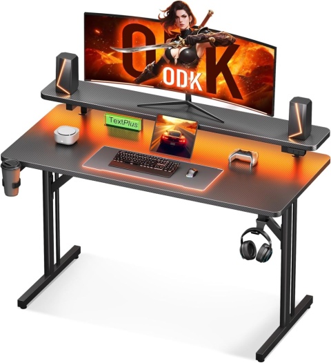BIURKO GAMINGOWE LED 100CM Z GNIAZDKAMI PÓŁKA POD MONITOR czarne carbon