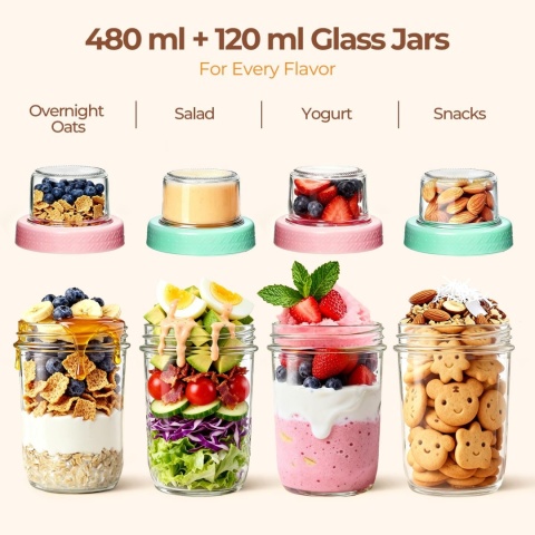 Kubki na Jogurt Płatki Zestaw 4 szt z Przegródką Łyżką 560 ml owsianka FIT