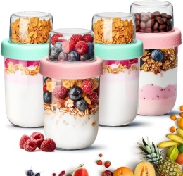 Kubki na Jogurt Płatki Zestaw 4 szt z Przegródką Łyżką 560 ml owsianka FIT