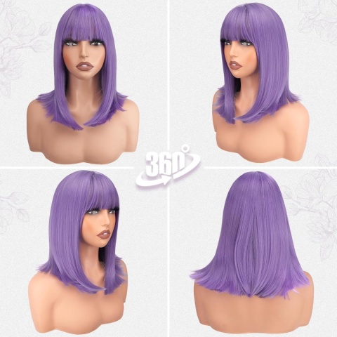 Lavender Purple Bob – krótka fioletowa peruka z grzywką dla kobiet