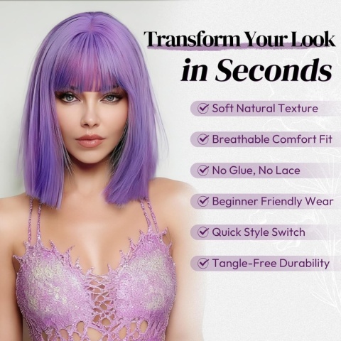 Lavender Purple Bob – krótka fioletowa peruka z grzywką dla kobiet