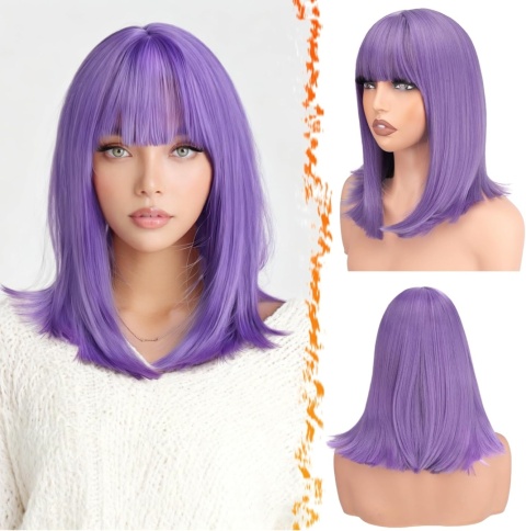 Lavender Purple Bob – krótka fioletowa peruka z grzywką dla kobiet