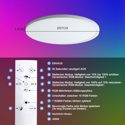 ONDTA Lampa sufitowa LED, ściemniana, panel LED, Ø 57 cm, 45 W, RGB