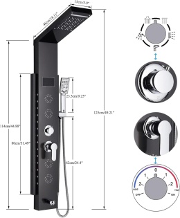 Panel prysznicowy, czarny, LED, wielofunkcyjny, ze stali nierdzewnej