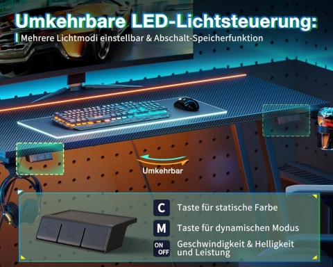 Biurko gamingowe ODK 80x50 LED RGB uchwyt na kubek hak na słuchawki czarne