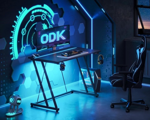 Biurko gamingowe ODK 80x50 LED RGB uchwyt na kubek hak na słuchawki czarne