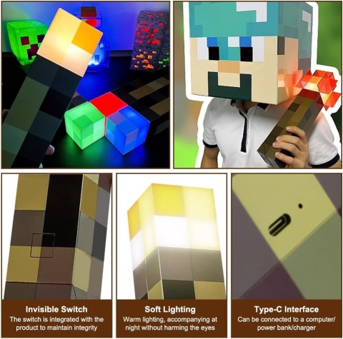 Lampka Minecraft Pochodnia LED Akumulator USB 4 Kolory Wisząca Stojąca