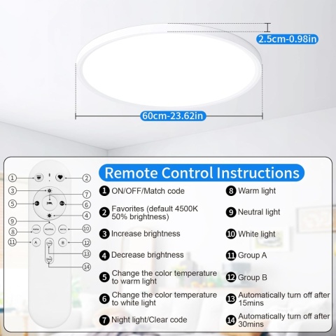 MOONSEA Lampa sufitowa LED, 60 W, ściemniana, z pilotem, ultra cienka, 3000-6000 K,60 cm,