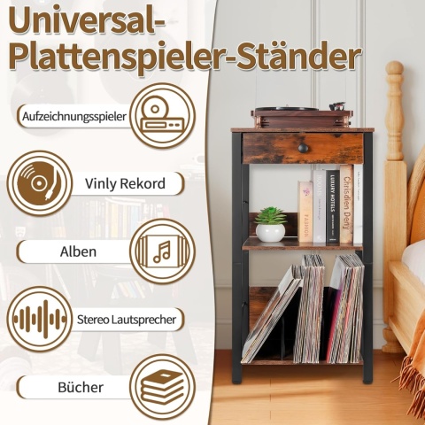 Stojak na gramofon 3 poziomy stolik boczny pojemnik winylowy do 100 albumów