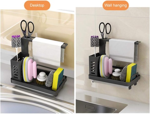 Caddy organizer do zlewu na przybory kuchenne i łazienkowe - czarny metal