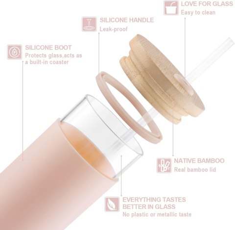 Kubek Bubble szklany 550 ml z bambusową pokrywką, szklaną słomką Kubek Bubble szklany 550 ml z bambusową pokrywką, szklaną słomką