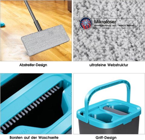 MASTERTOP Płaski mop z wiadrem, 141 cm, z 6 podkładkami z mikrofibry MASTERTOP Płaski mop z wiadrem, 141 cm, z 6 podkładkami z mikrofibry