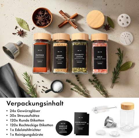 EDELHAUS SZKLANE POJEMNIKI NA PRZYPRAWY Z ETYKIETAMI 24 x 120ml