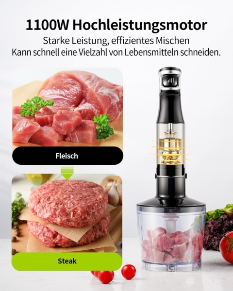 GDOR Blender ręczny 1100 W, 5 w 1, stal nierdzewna, rozdrabniacz , zestaw XL