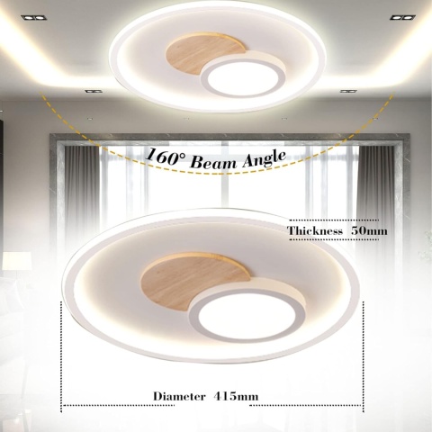 Lampa sufitowa LED, lampa sufitowa z drewna, lampa sufitowa, ściemniana z pilotem