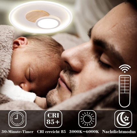Lampa sufitowa LED, lampa sufitowa z drewna, lampa sufitowa, ściemniana z pilotem