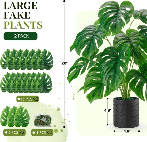 Monstera dekoracja do domu salonu, sztuczna roślina duża 71 cm 2 sztuki z doniczka