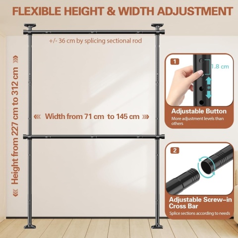 TELESKOPOWY SYSTEM DO GARDEROBY METALOWY CZARNY 75-120CM 165-300CM