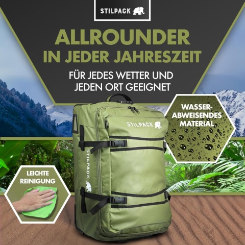 Torba podróżna na kółkach, oliwkowo-zielona, ​​70 l, wózek XXL wodoodporna