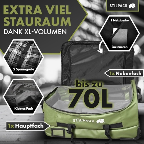 Torba podróżna na kółkach, oliwkowo-zielona, ​​70 l, wózek XXL wodoodporna