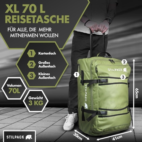 Torba podróżna na kółkach, oliwkowo-zielona, ​​70 l, wózek XXL wodoodporna