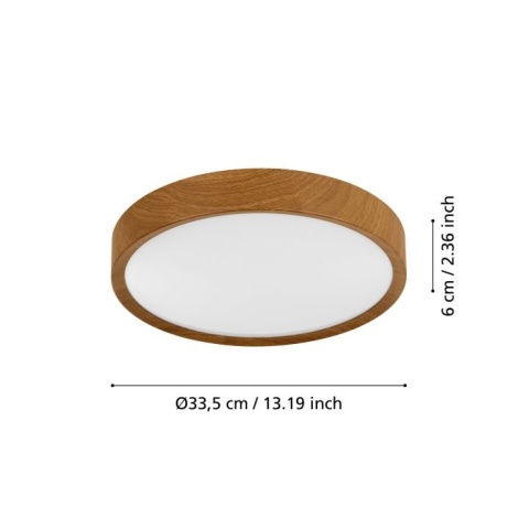 Plafon okrągły Eglo 34 x 34 cm beżowy, biały drewno 3000 k