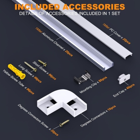 Chesbung LED profil aluminiowy 1m, zestaw 20 szt. w kształcie litery U