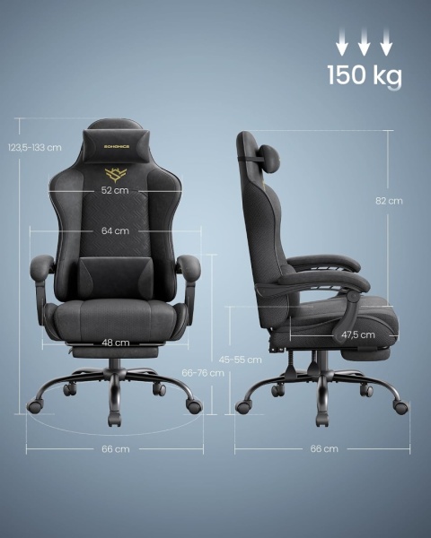 Fotel Gamingowy SONGMICS Podnóżek 150kg Krzesło Biurowe Obrotowe Czarny