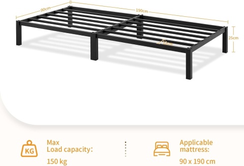 Łóżko 90x190 cm Składane Metalowe Rama Łóżka Stelaż Gościnne Czarne