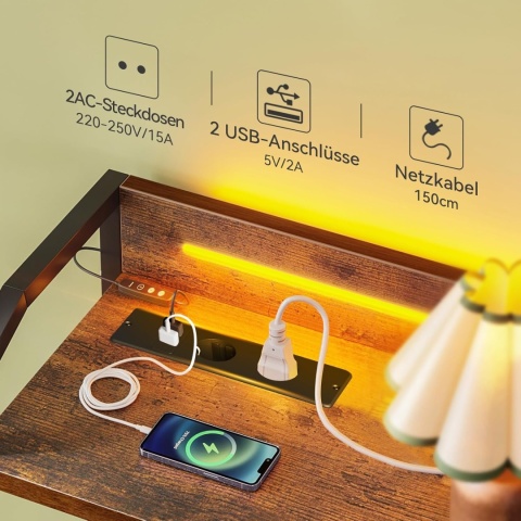 ODK Komoda z szufladami, LED o 10 regulowanych kolorach i 2 gniazdami USB