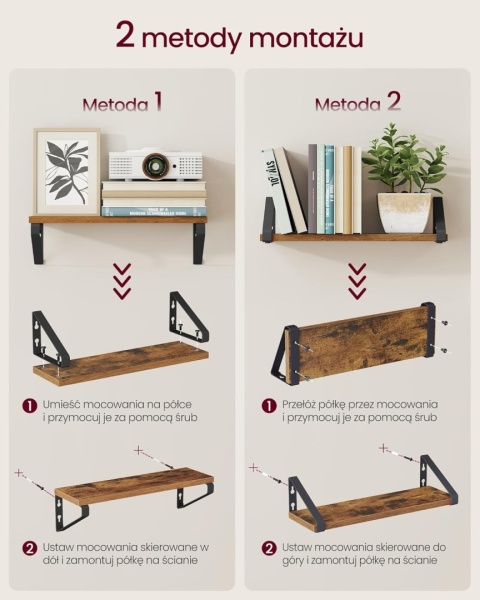 PÓŁKI ŚCIENNE WISZĄCE 2 SZT METALOWE LOFT RUSTYKALNE 40 CM