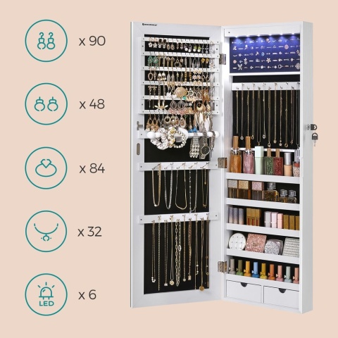 SONGMICS Szafka na biżuterię z długim lustrem, z 6 diodami LED, kolor biały 108 cm